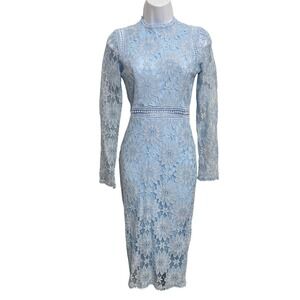 Floral Lace Mock Neck Sheer Sleeve Midi Dress Fairy Wedding Guest Church Easter